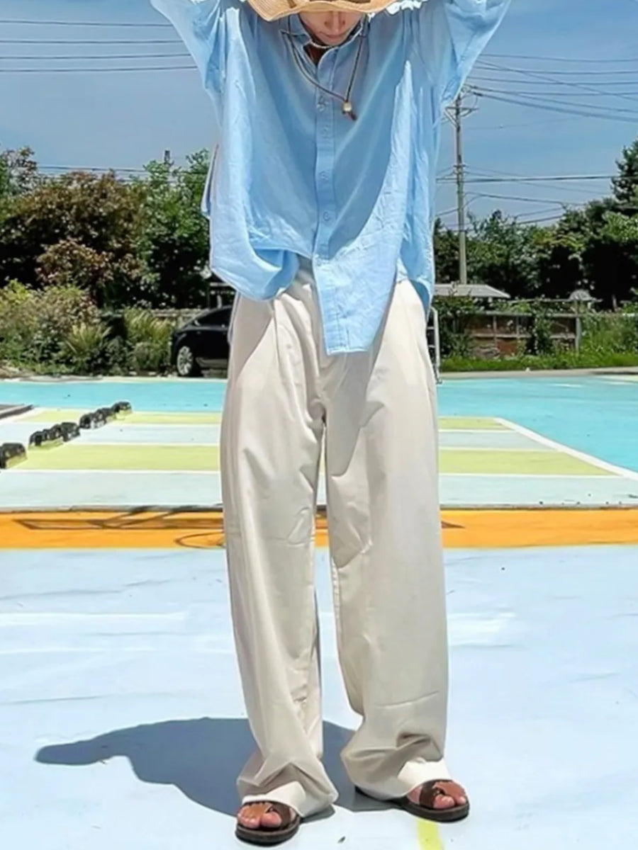 摺面寬款休閒褲